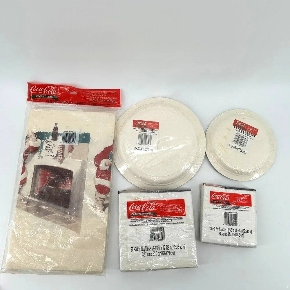 Vtg Coca-Cola Christmas Party Supply Set Santa Tablecover Plates Napkins 8pc New